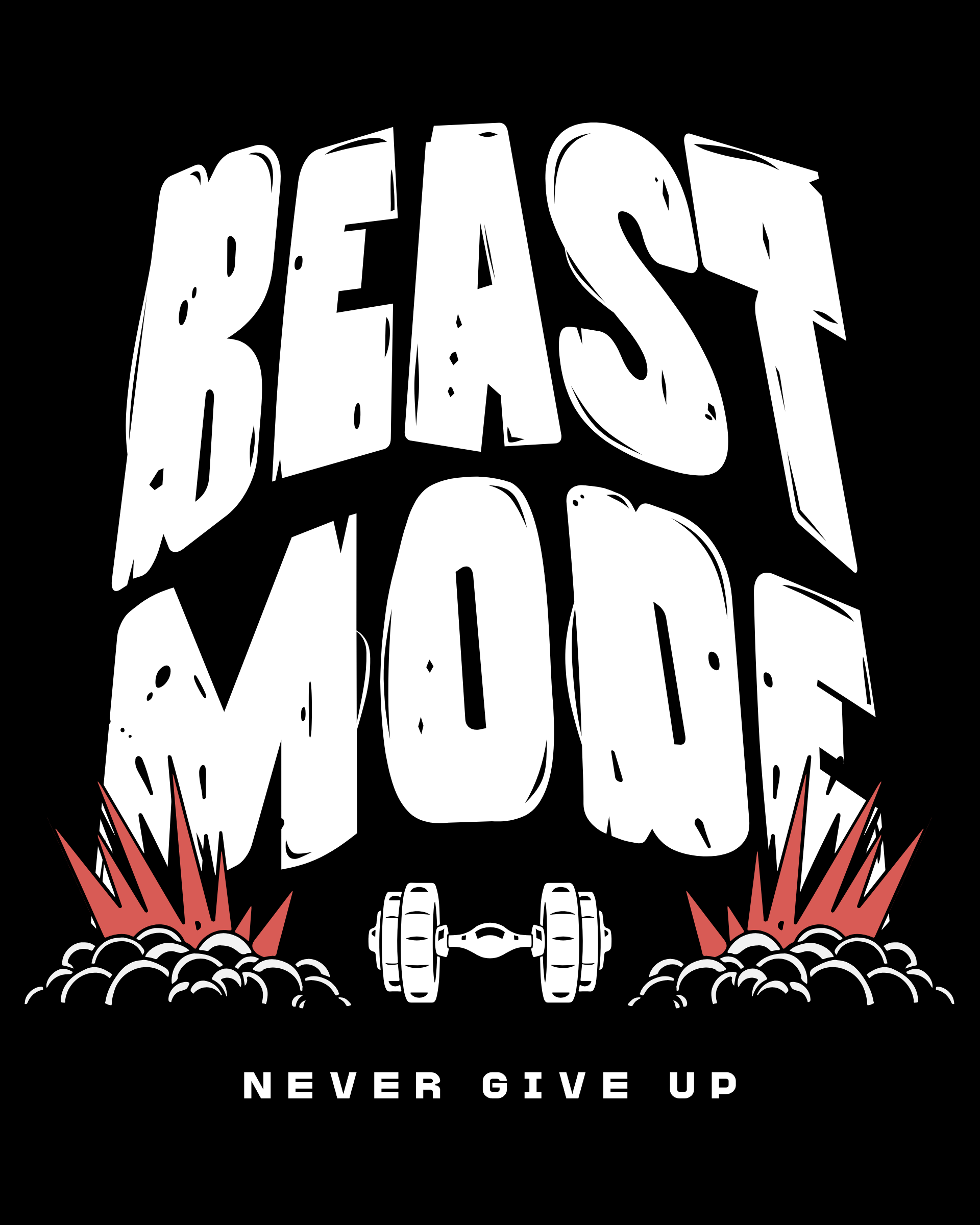 Large 'BEAST MODE' text with smaller 'Never give up' text and a dumbbell on a black background